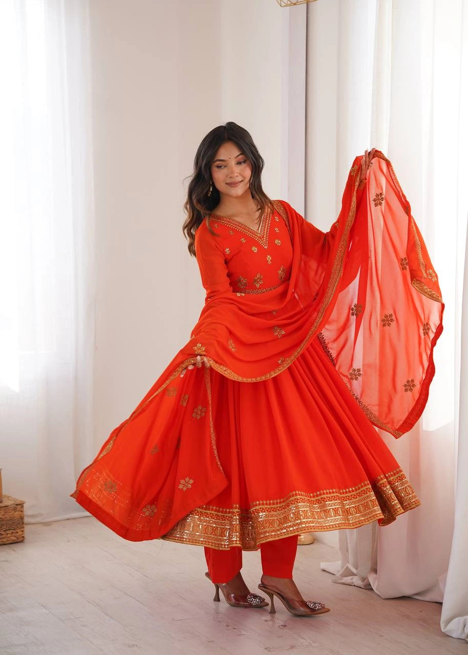 Orange Sequins Embroidered Suit – Anarkali Pant Set with Dupatta
